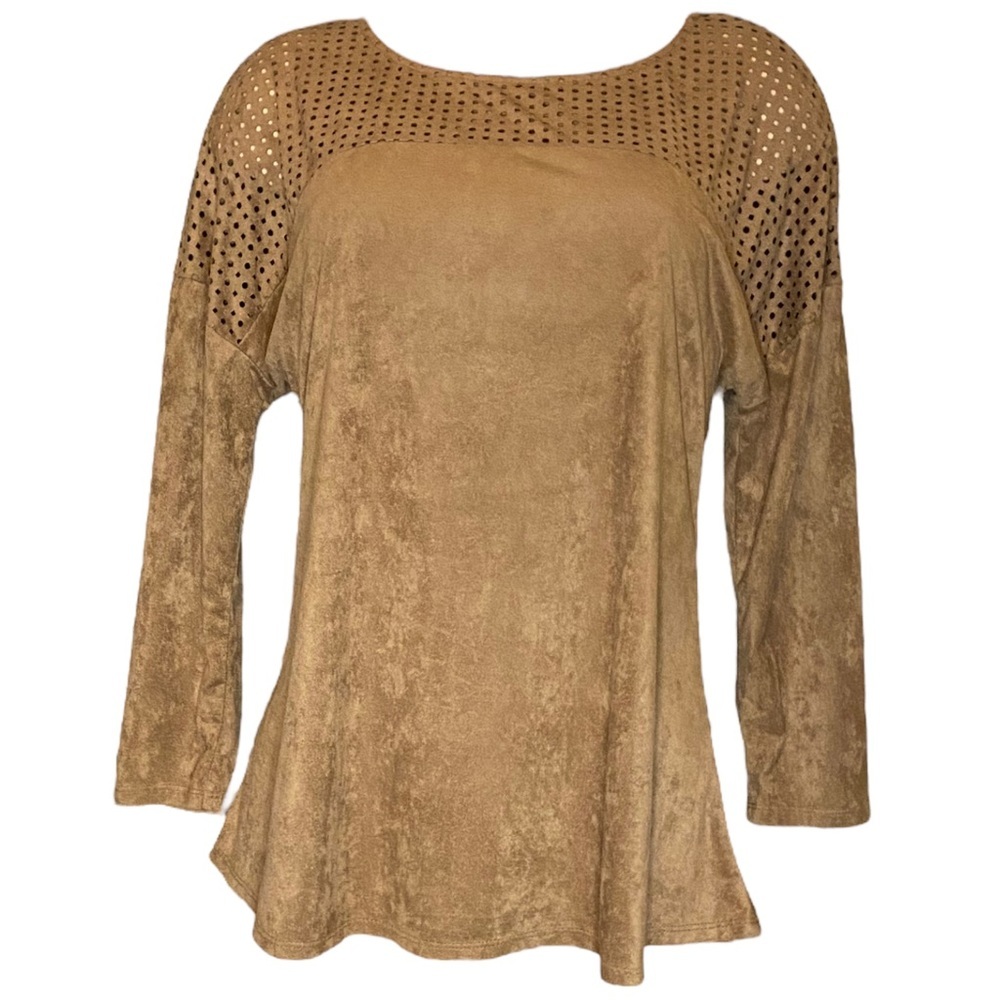 New Directions Eyelet Faux Suede Stretch Blouse Top